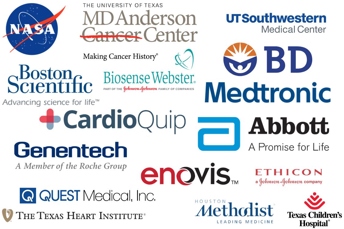 来自行业合作伙伴的标志拼贴，包括:NASA、波士顿科学、MD安德森、UT西南、BD、美敦力、Bisense Webster、雅培、Ethicon、CardioQuip、Genentech、Enovis、Quest Medical、休斯顿卫理公会、德克萨斯心脏研究所、德克萨斯儿童医院
