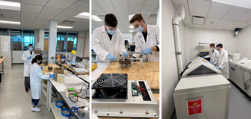 Students work in the corrosion lab using different pieces of equipment to conduct experiments