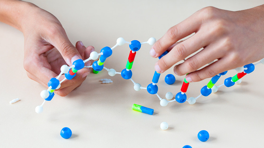 Student assembling beads into DNA model