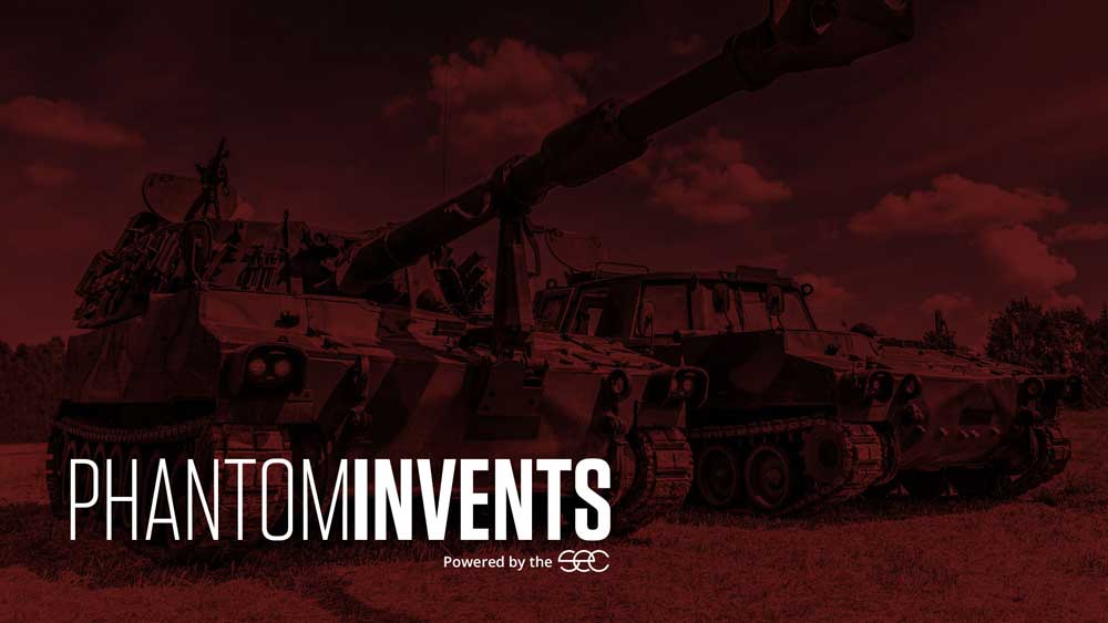 Text: Phantom Invents, Powered by the SEC. Two military tanks.